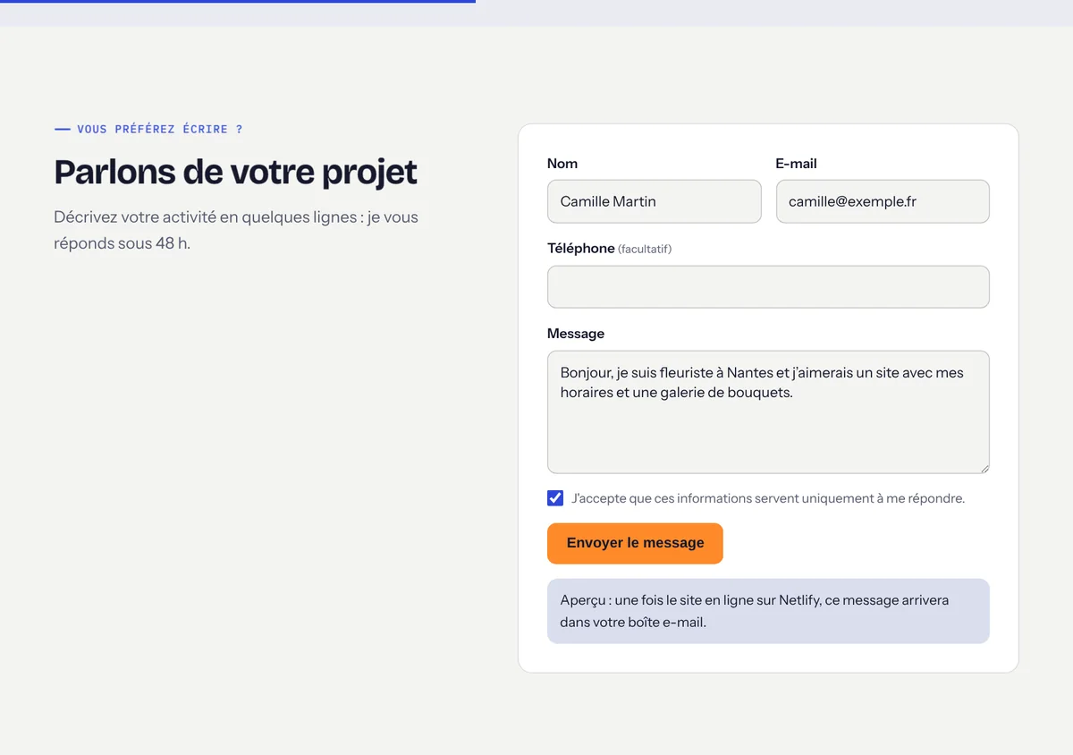 Le formulaire de contact rempli, avec le message de confirmation