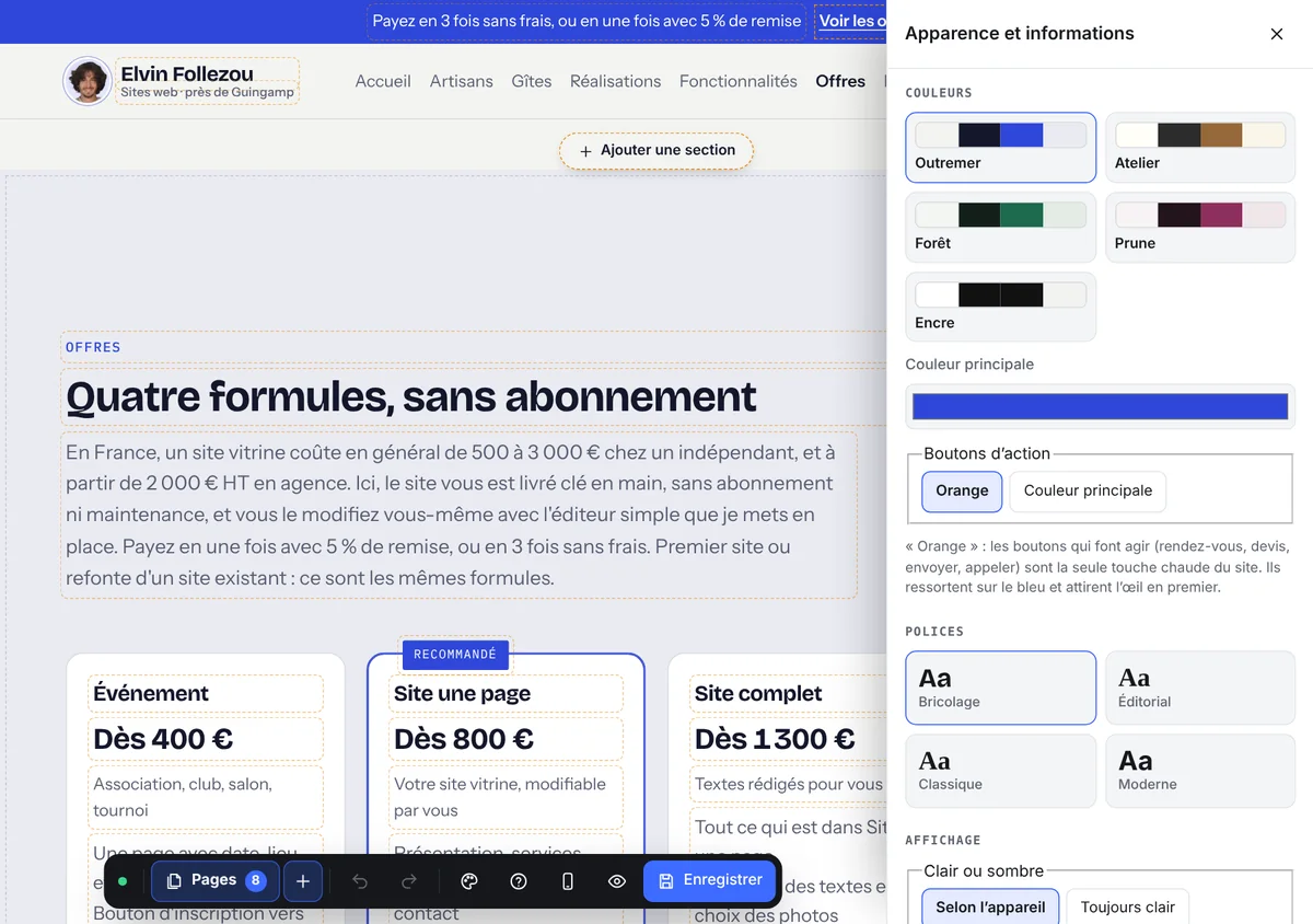Le panneau « Apparence » avec les couleurs, les polices et l'affichage, ouvert sur la page Offres