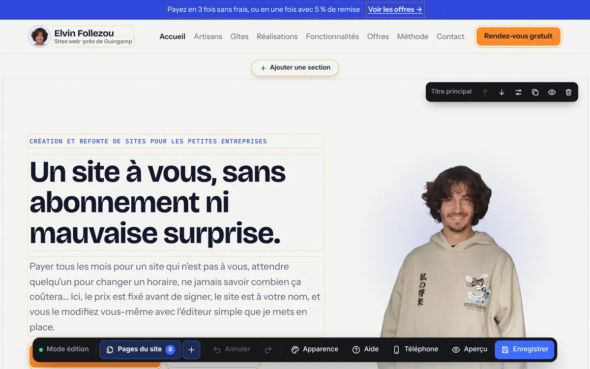La page d'accueil en mode édition, avec les pointillés autour des textes modifiables