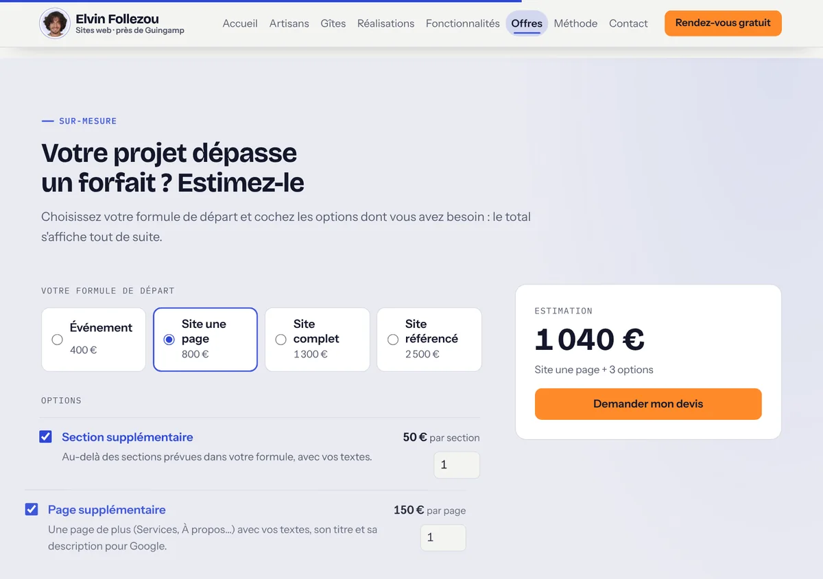 L'estimateur de prix : formule « Site une page », options cochées et total de 1 040 €