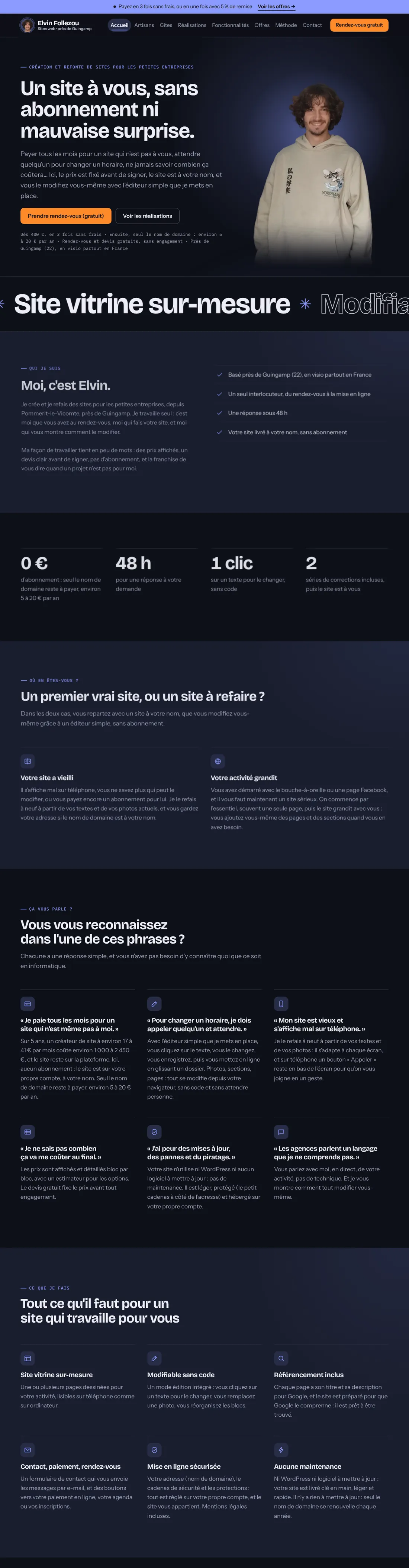Haut de la page d'accueil de ce site en mode sombre : titre, qui je suis, chiffres clés, situations, questions des clients et services