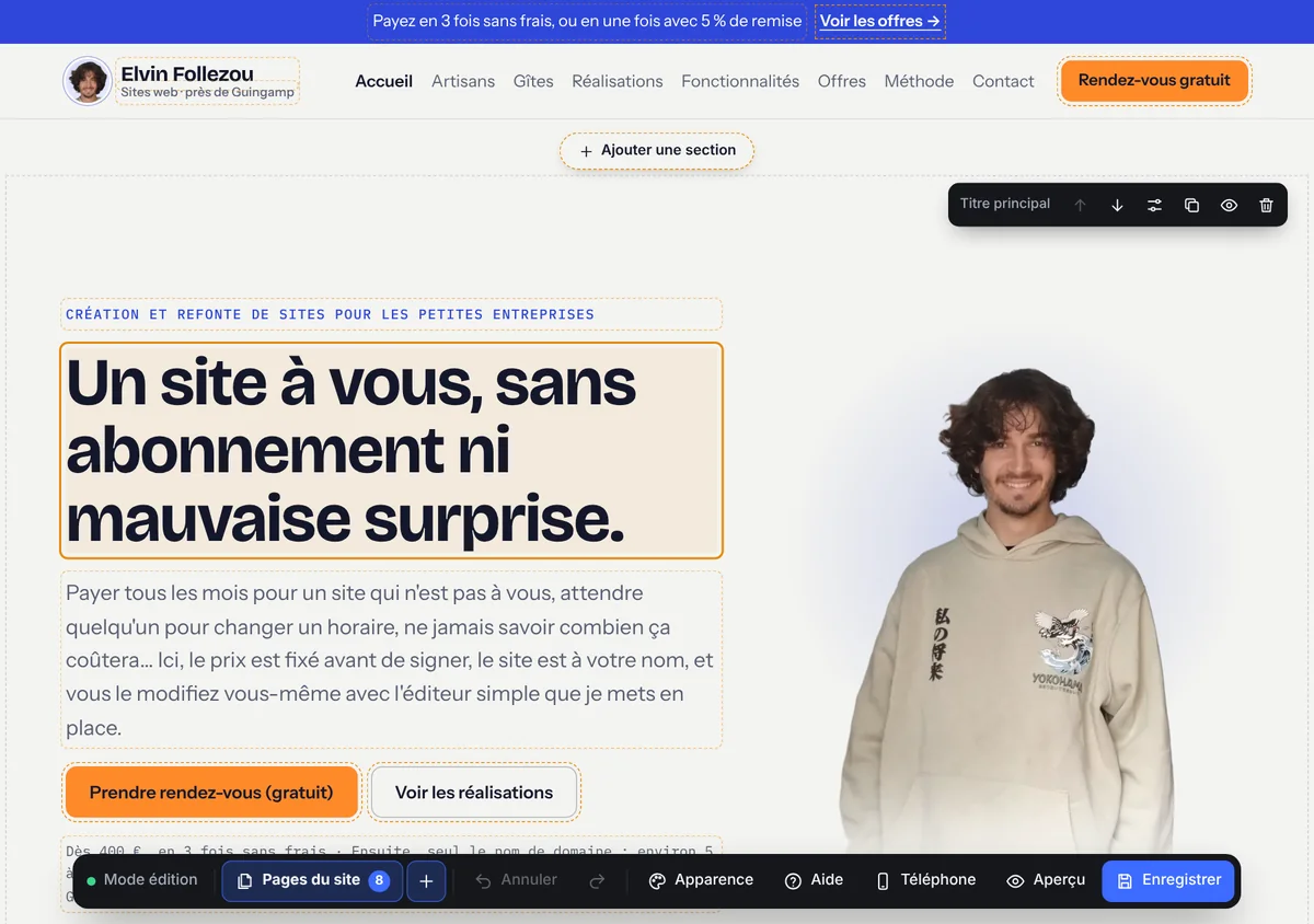 Le portfolio en mode édition : le grand titre est sélectionné, avec la barre d'outils en bas