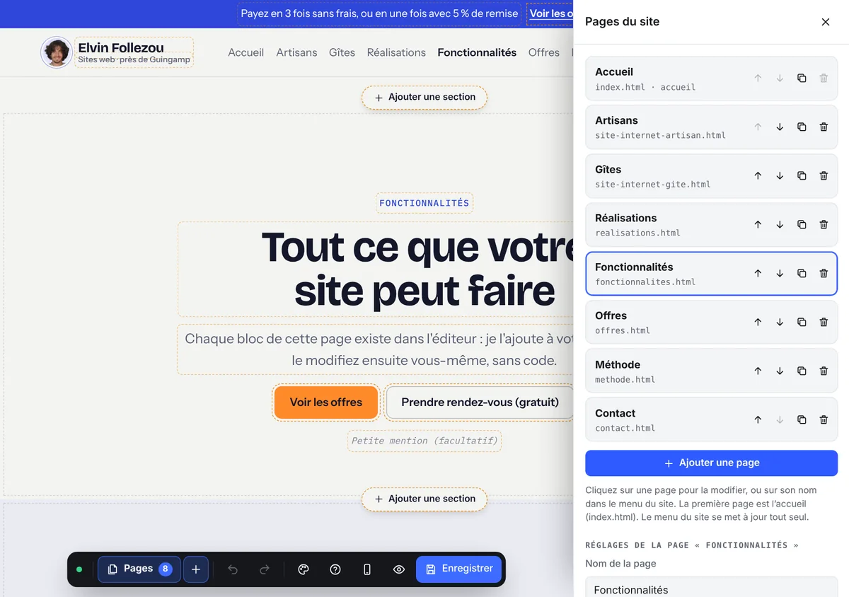 Le panneau « Pages du site » ouvert à côté de la page Fonctionnalités