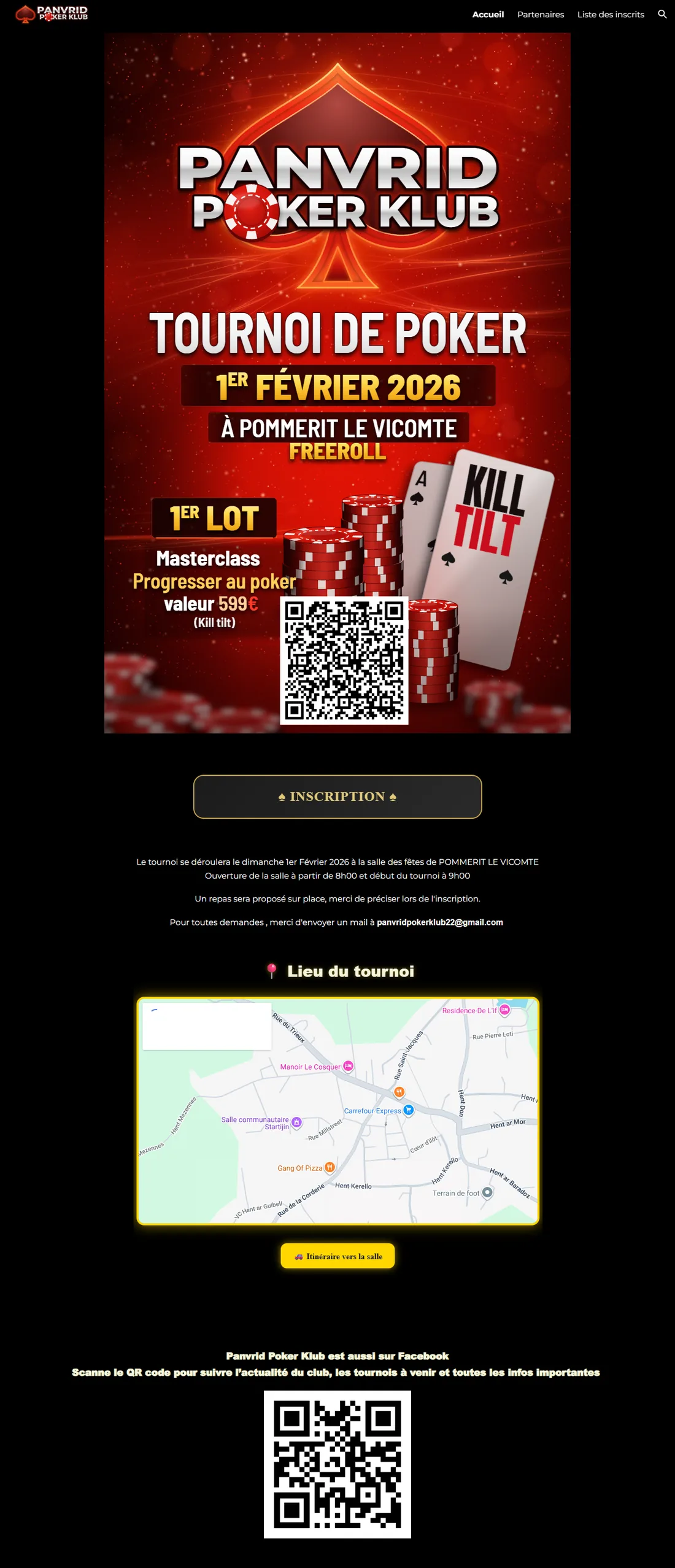 Page d'accueil du site Panvrid Poker Klub, de haut en bas : affiche du tournoi, bouton d'inscription, infos pratiques, lieu du tournoi et QR code vers la page Facebook