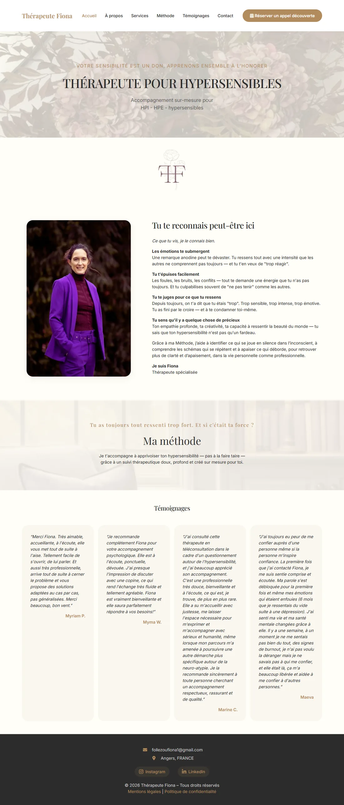 Page d'accueil du site Thérapeute Fiona, de haut en bas : présentation, « Tu te reconnais peut-être ici », la méthode, les témoignages et le contact