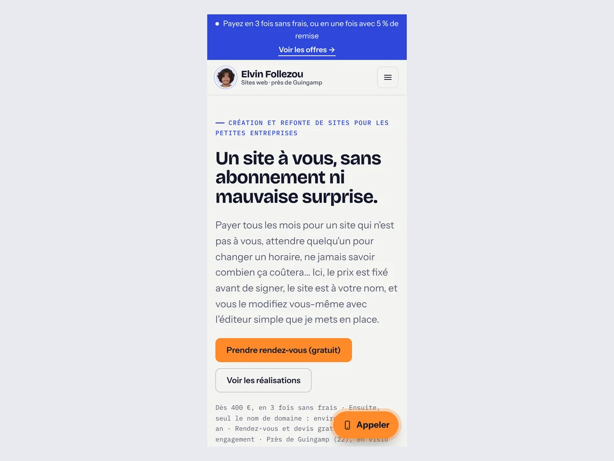 La page d'accueil du portfolio affichée sur un téléphone